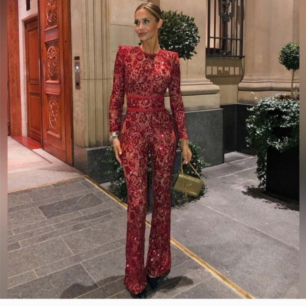 Nadine Merabi Bella Red lace sequined Jumpsuit